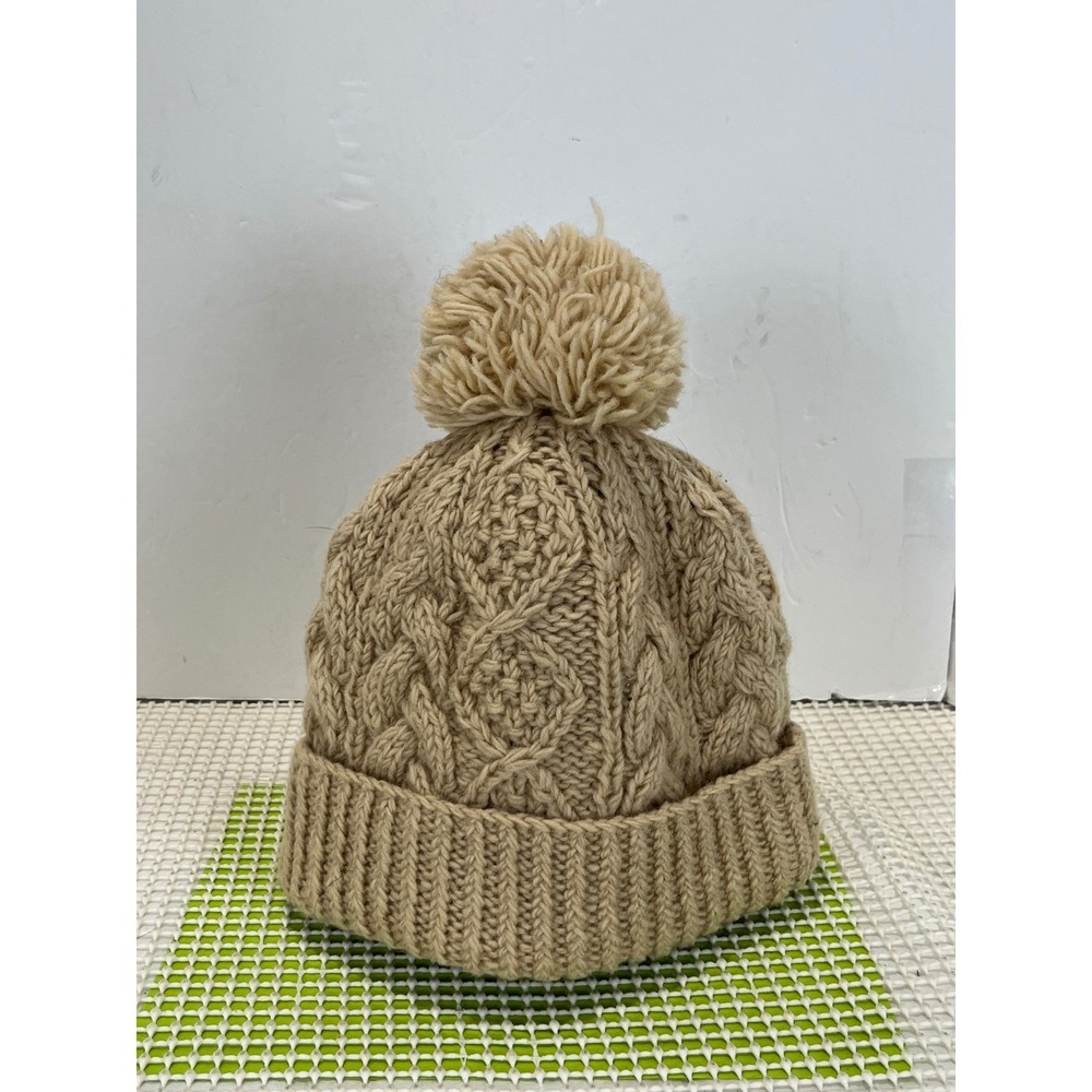 Aran Sweater Market Wool Cable Knit Fleece Lined Pom Beanie Hat Tan Ireland*good